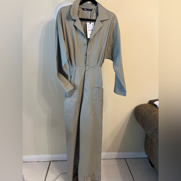 Zara Pants - ZARA SAND LINEN BLEND WIDE LEG JOHNNY COLLAR JUMPSUIT WITH POCKETS SIZE M NWT